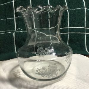 Vintage Clear Glass Vase With Etched Floral Design